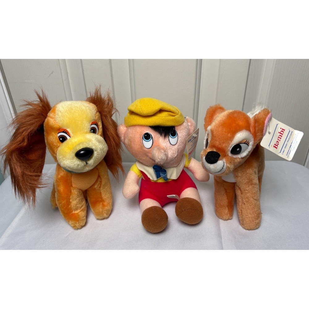 Vintage Walt Disney Pinocchio Bambi Lady Animated Film Classic PLUSH Lot Of 3
